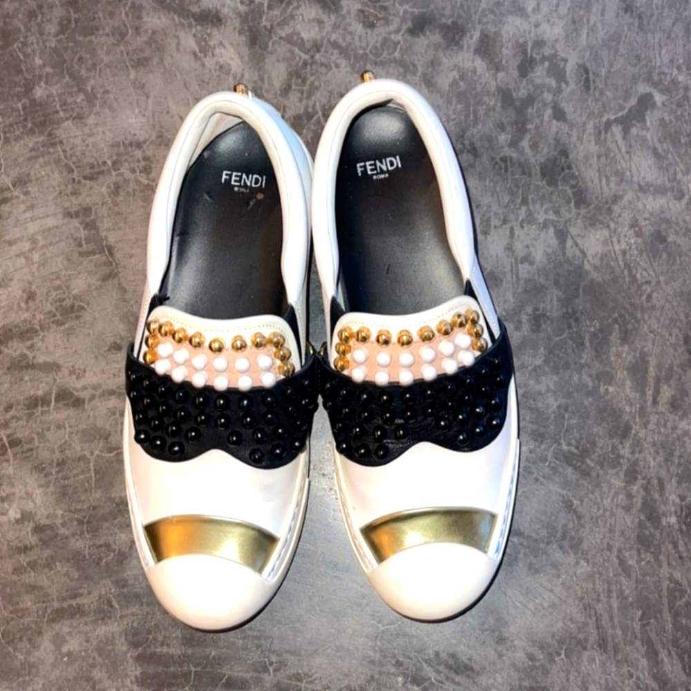 Fendi White and Black Sneakers with Gold Accents